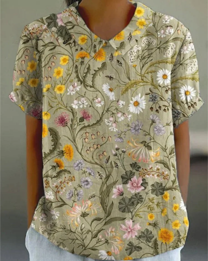 Beatrix - Chemise en Coton-Lin à Fleurs Rétro