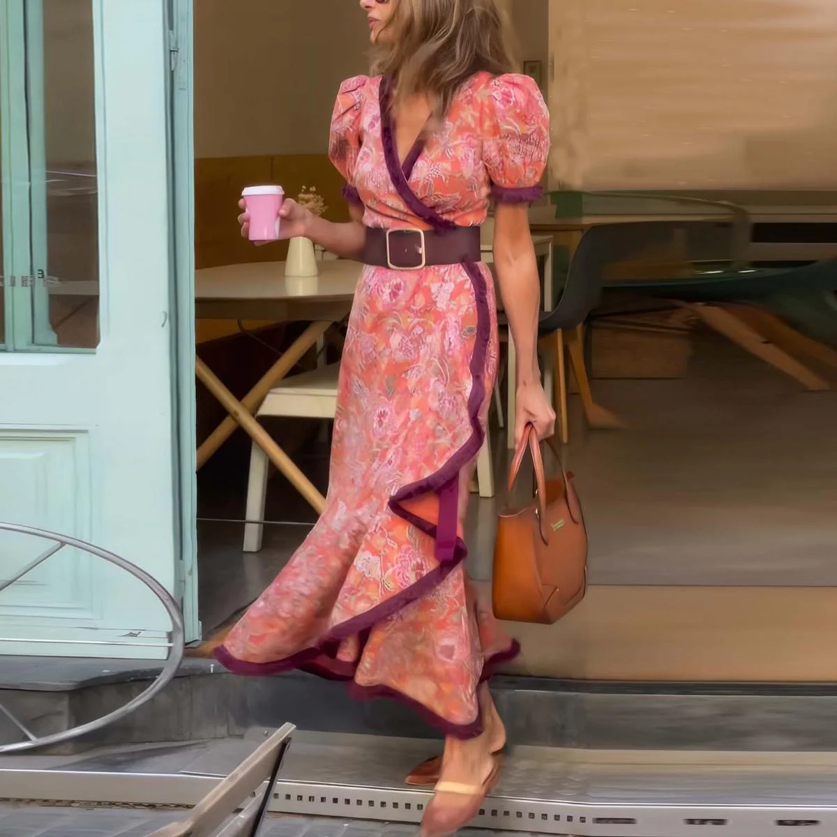 Robe Maxi Rose Élégante à Manches Courtes