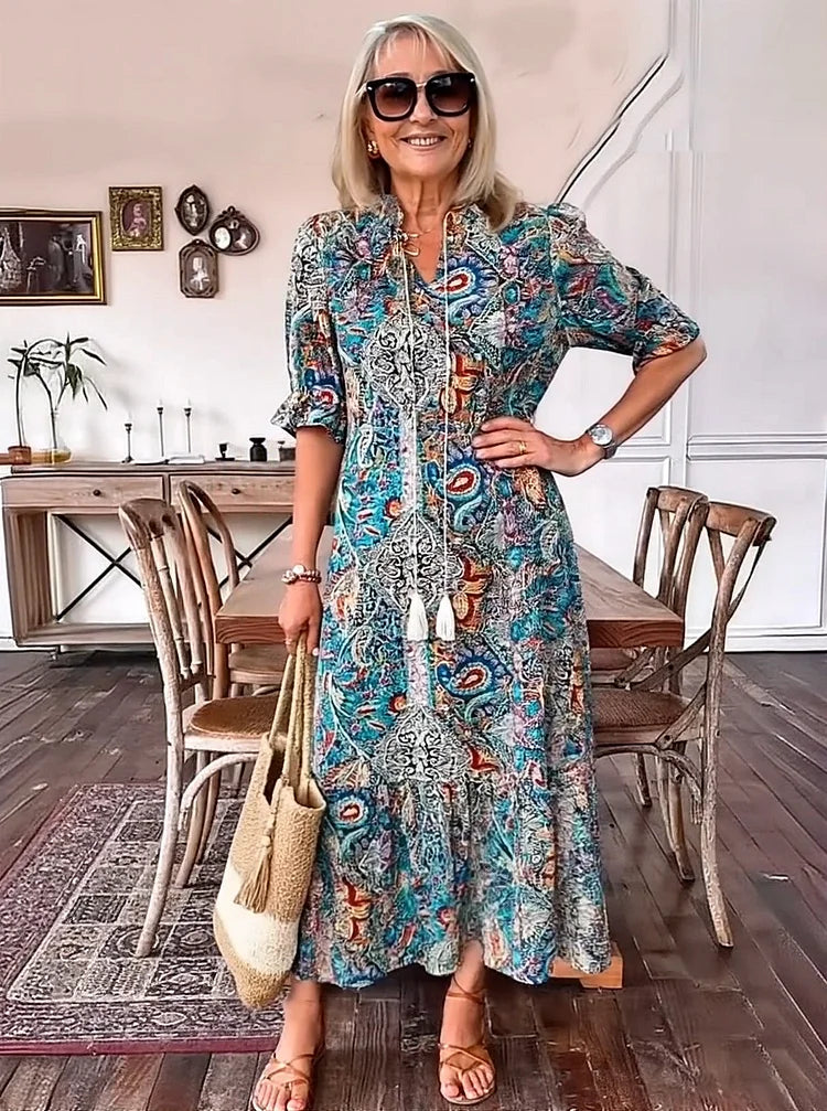 Carolette - Robe Maxi à Col avec Corde Boho