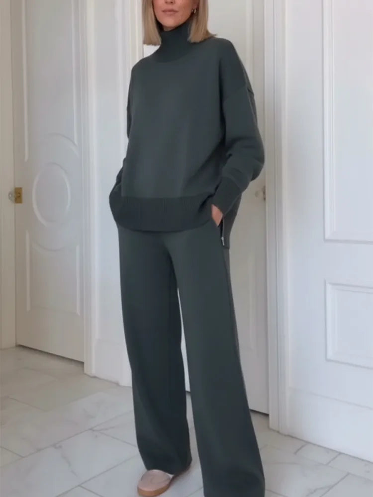 Ensemble de Deux Pièces avec Col Montant et Fermeture Éclair, Pantalons Droits