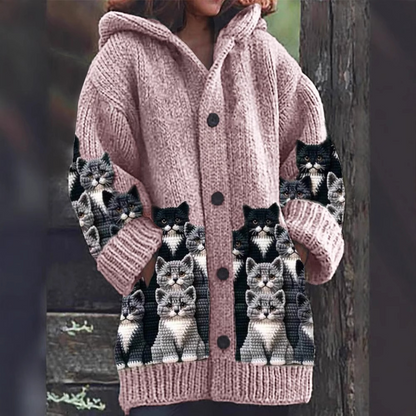 Jasmin - Gilet en Tricot Douillet avec Imprimé de Chats