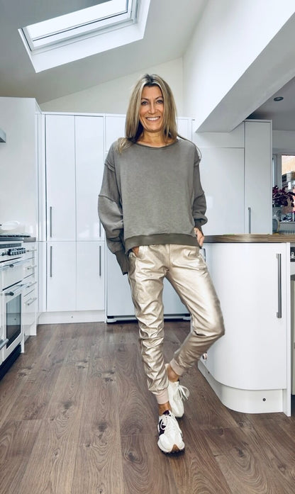 Ensemble Décontracté avec Col Ronde pour Femme + Pantalons en Cuir