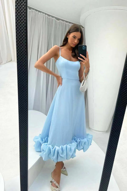 Robe Maxi Femme à Bretelles Spaghetti, Jupe Évasée et Ourlet Volanté