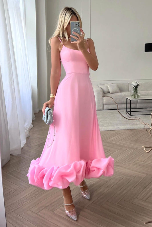 Robe Maxi Femme à Bretelles Spaghetti, Jupe Évasée et Ourlet Volanté
