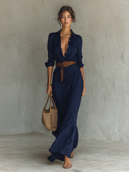 Robe Maxi Longue avec Col Revers pour Femmes, Manches Longues, Fermeture à Un Bouton