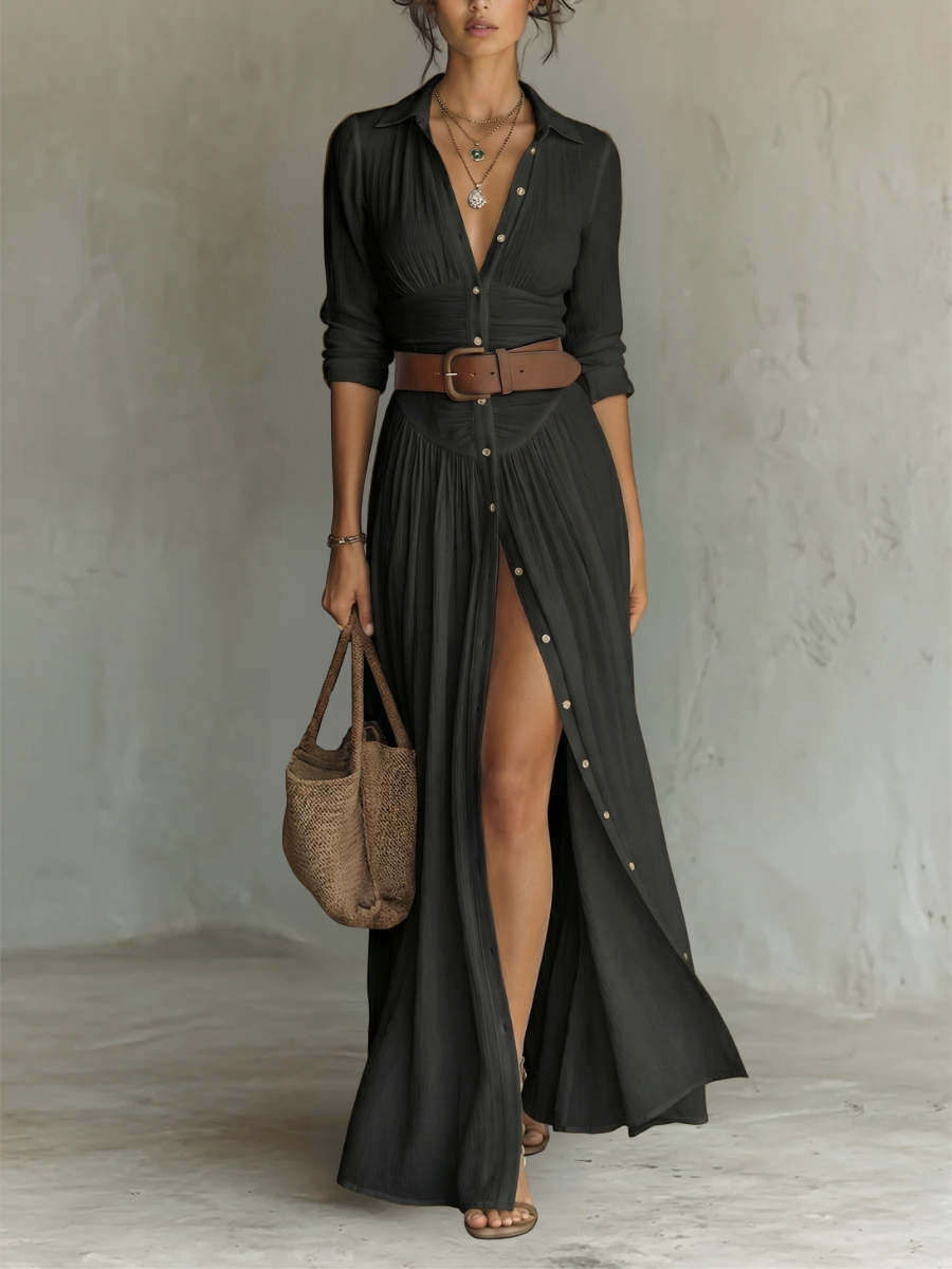 Robe Maxi Élégante avec Col Revers et Manches Longues en Lin-Coton