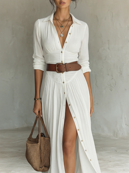Robe Maxi Élégante avec Col Revers et Manches Longues en Lin-Coton