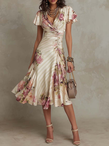 Alba | Robe Midi Élégante Drapée avec Fleurs
