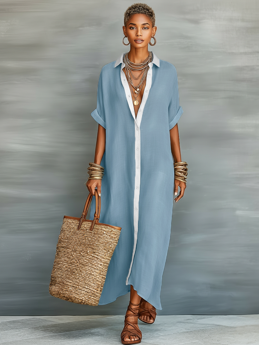 Robe Maxi en Lin Minimaliste pour Femme avec Manches Courtes