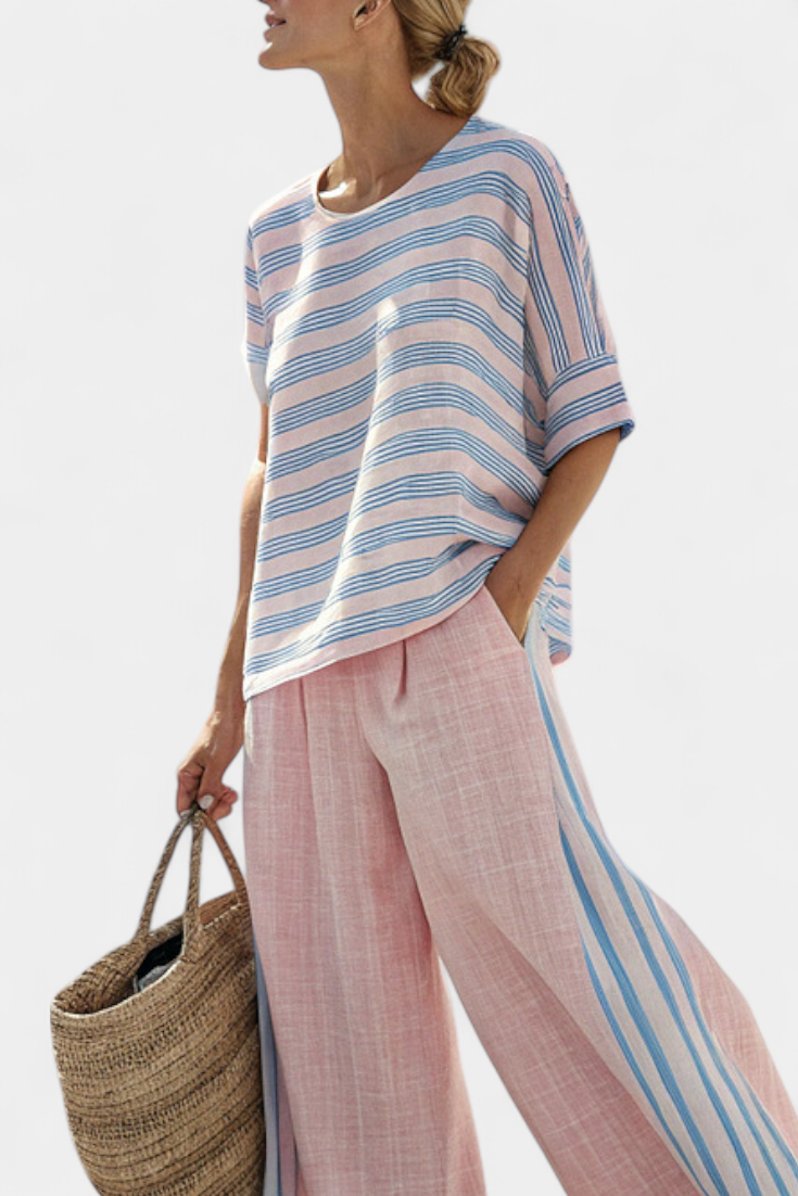 Virella | Blouse en Lin Élégante Rose-Bleu & Pantalons Doux