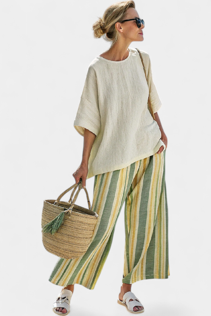 Ellowyn | Haut Sophistiqué & Pantalons en Lin Rayés