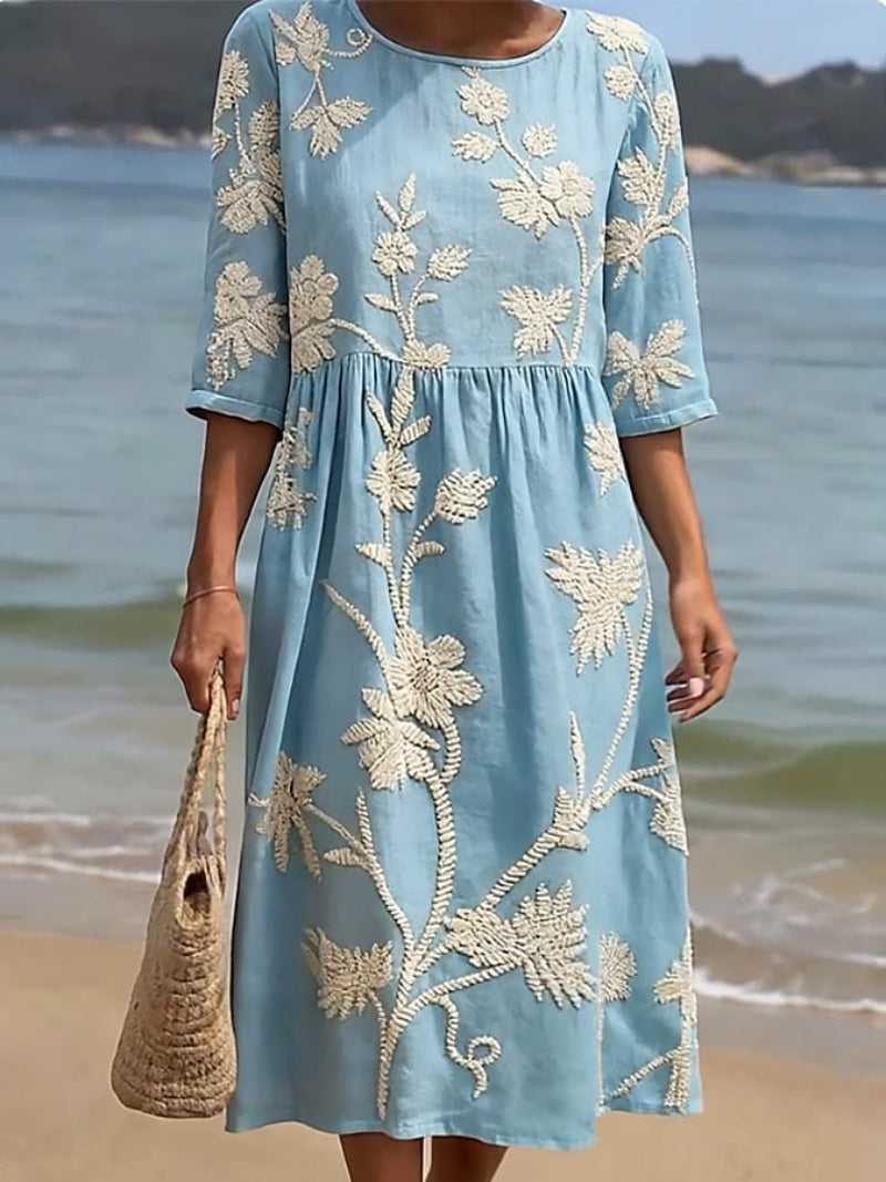 Robe Midi Fluide avec Broderies Florales - Collection Vintage Élégante