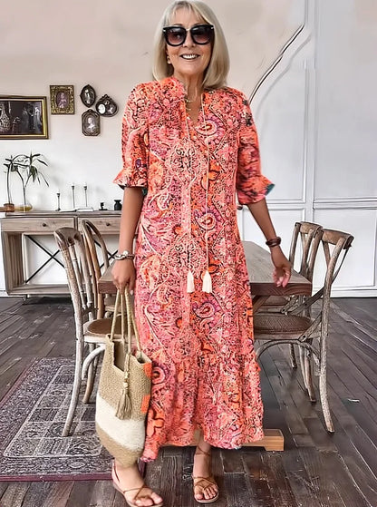 Carolette - Robe Maxi à Col avec Corde Boho