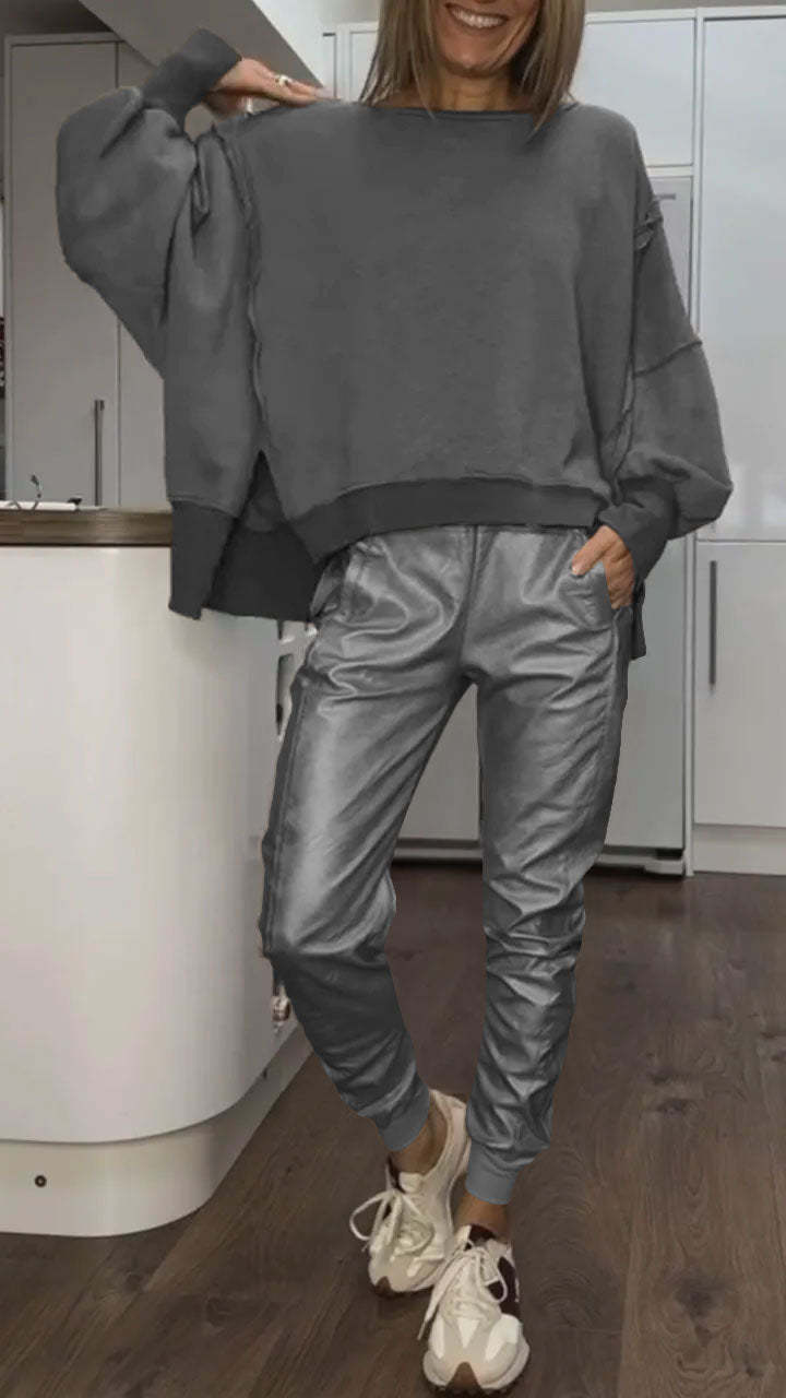 Ensemble Décontracté avec Col Ronde pour Femme + Pantalons en Cuir