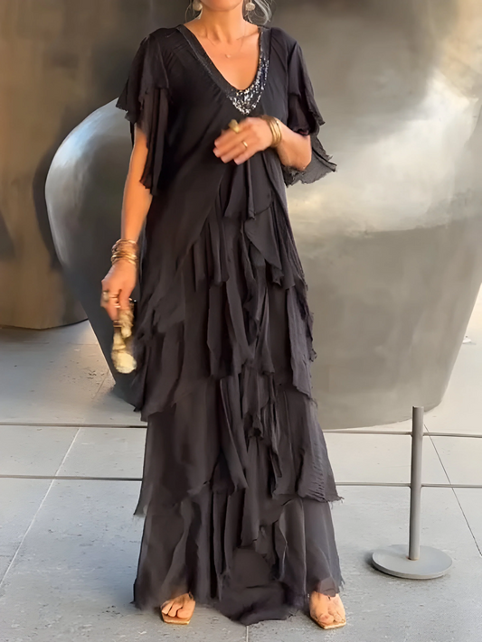 Riza - Robe Plissée avec Décolleté en V et Fluide