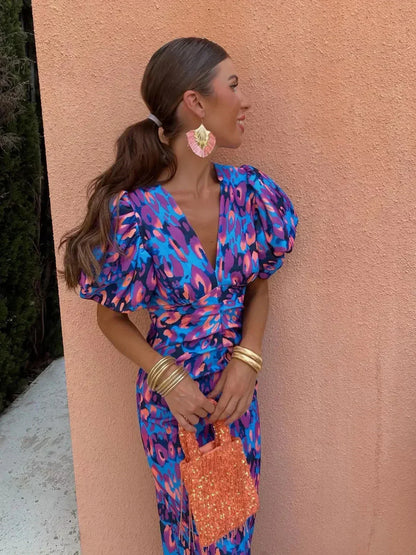 Glecy - Robe Élégante Femme à Manches Bouffantes Charme