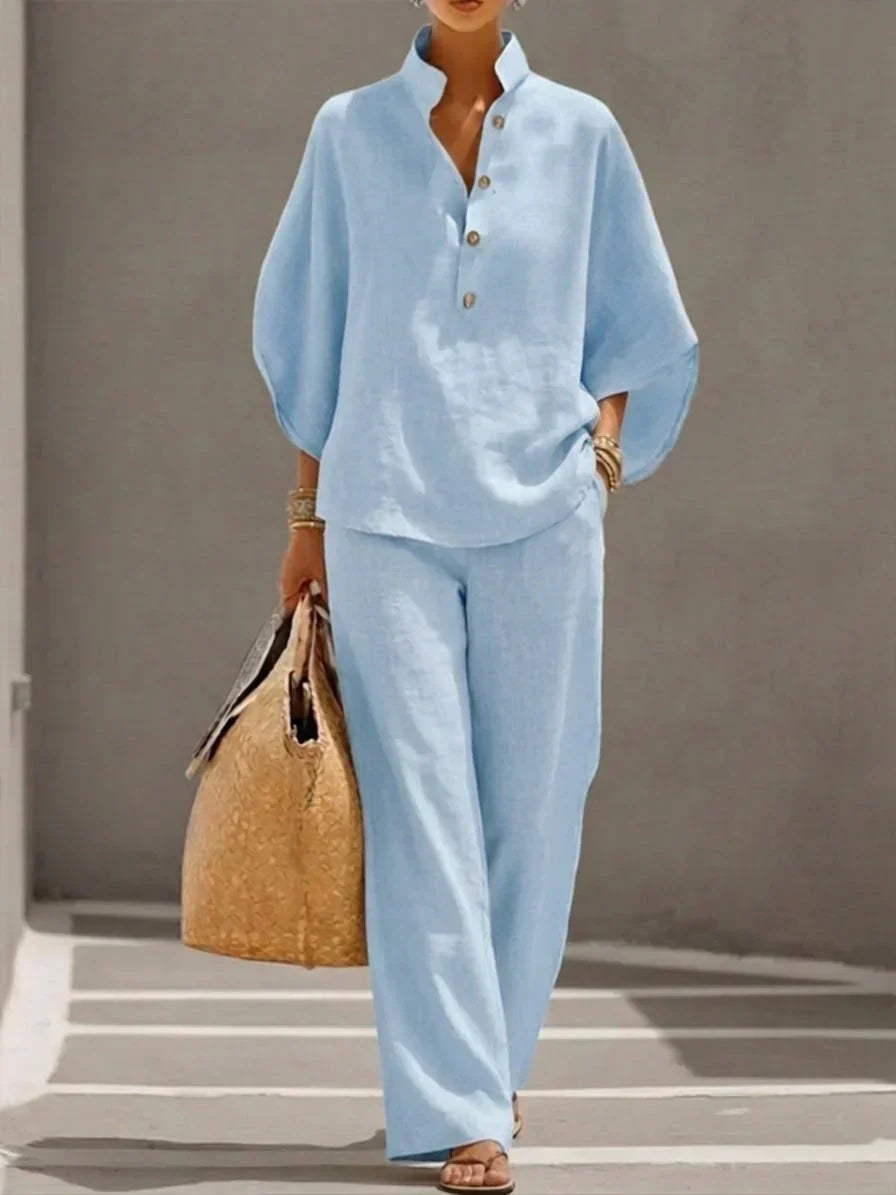 Maribel | Ensemble en lin avec des manches chauve-souris et un pantalon large