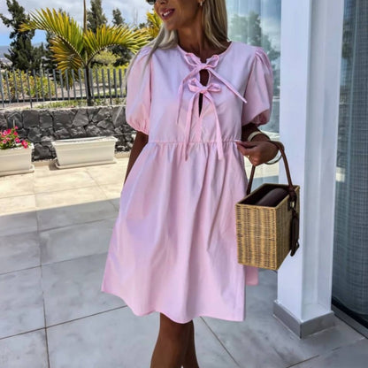 Robe Mini Femme avec Manches Bouffantes et Détail de Nœud Frontal