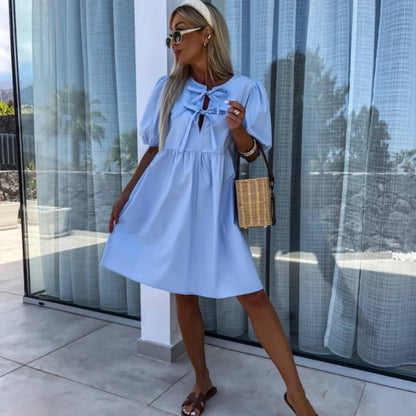Robe Mini Femme avec Manches Bouffantes et Détail de Nœud Frontal