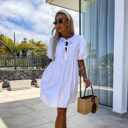 Robe Mini Femme avec Manches Bouffantes et Détail de Nœud Frontal