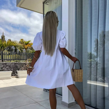 Robe Mini Femme avec Manches Bouffantes et Détail de Nœud Frontal